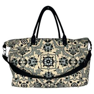 Lulu Dharma Weekender Bag Canvas Duffle Floral Geometric Shoulder Strap Blue